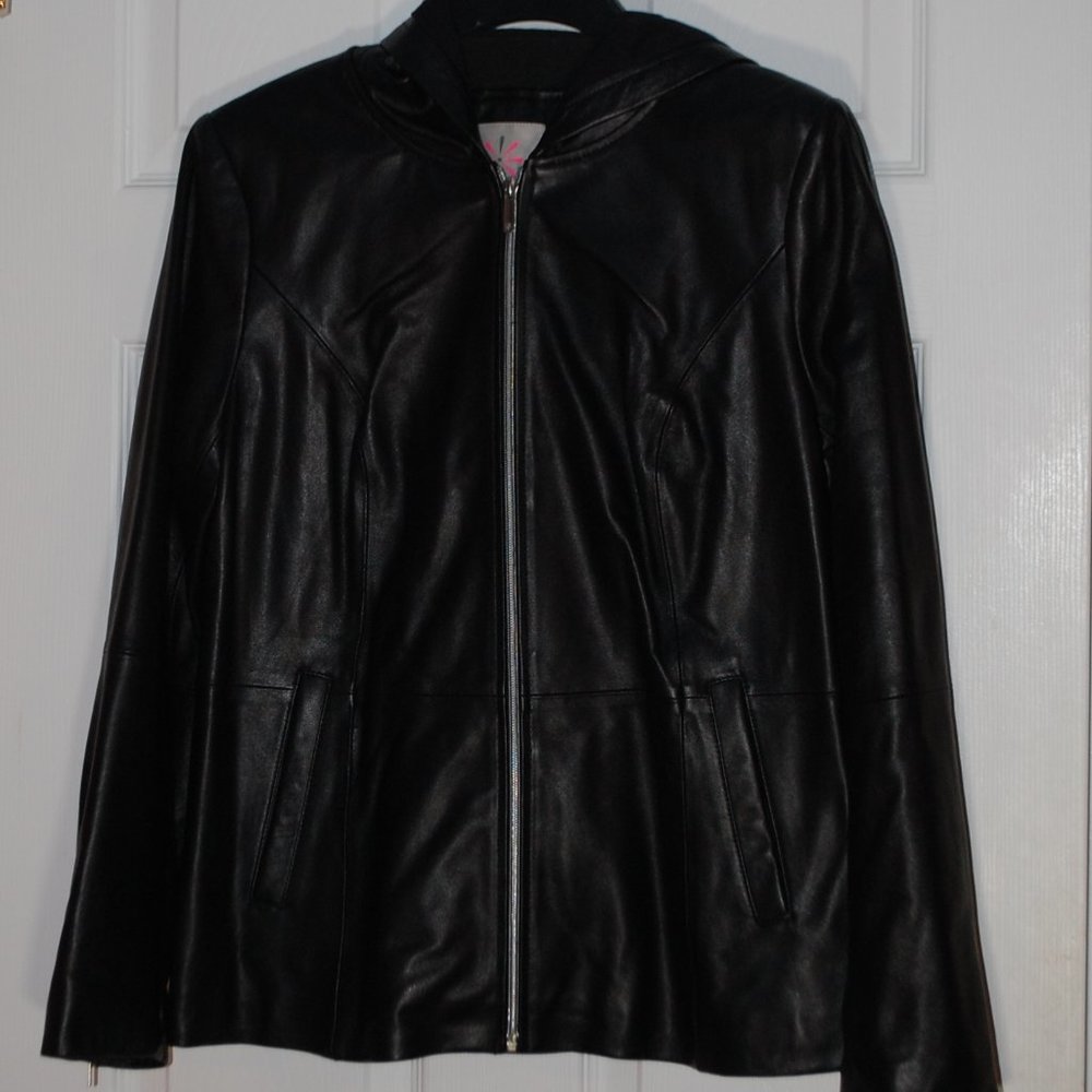 N W/O tags Isaac Mizrahi Live! SOHO Zip Front Hooded Lamb Leather Jacket